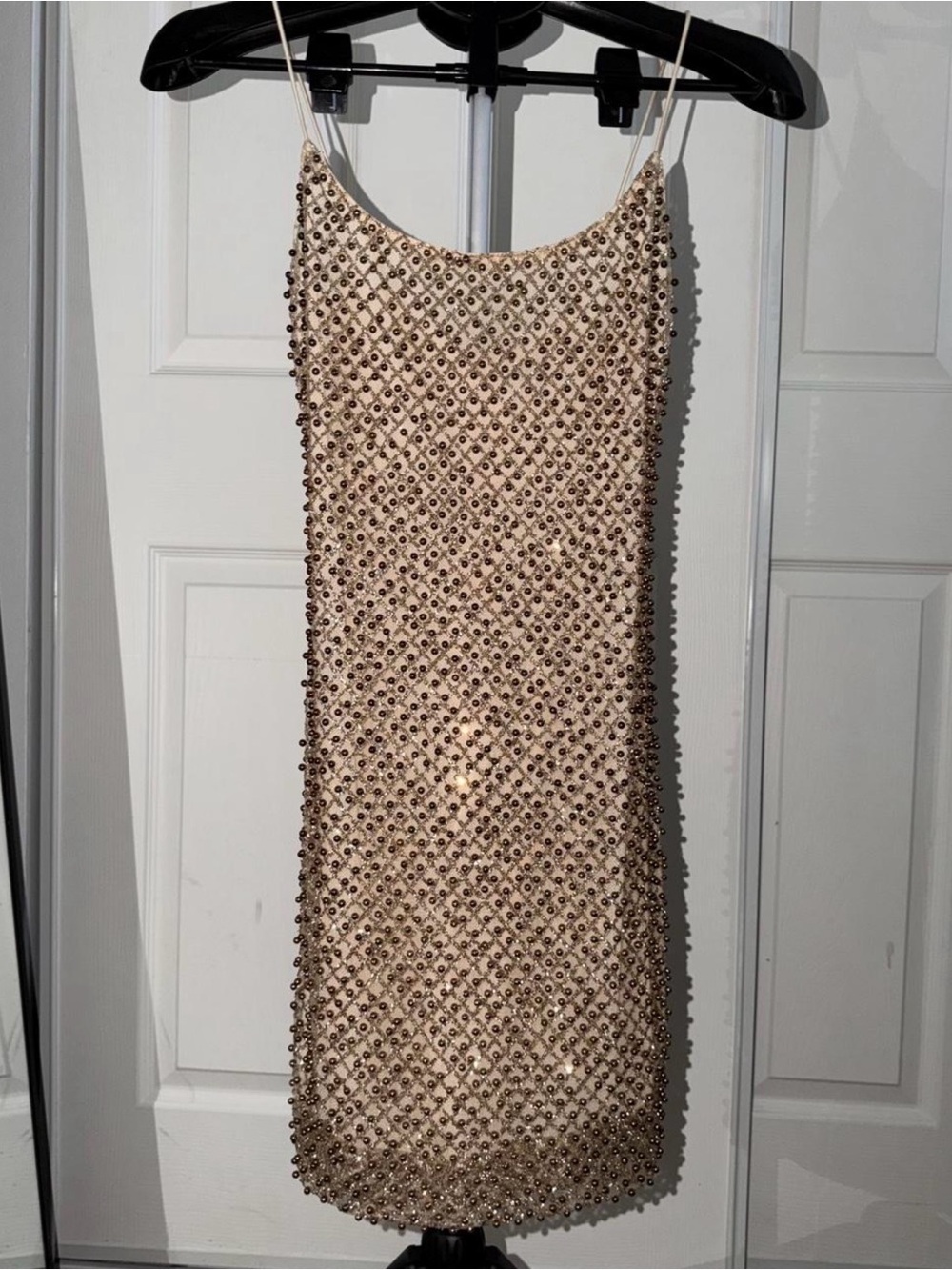 oh polly gold beaded pearl embellished scoop neck mini dress